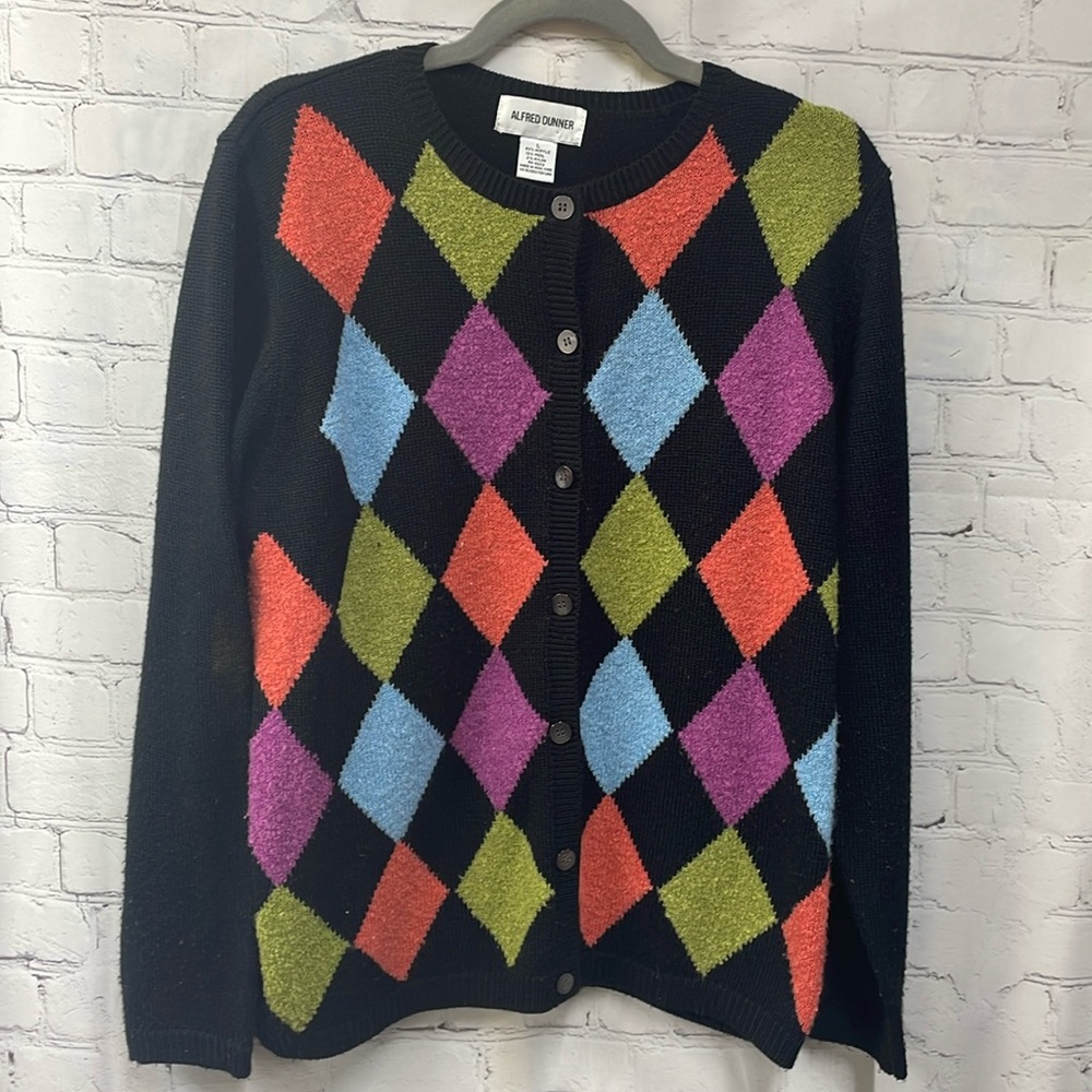 Alfred Dunner Vintage wool blend argyle colorful button up large cardigan